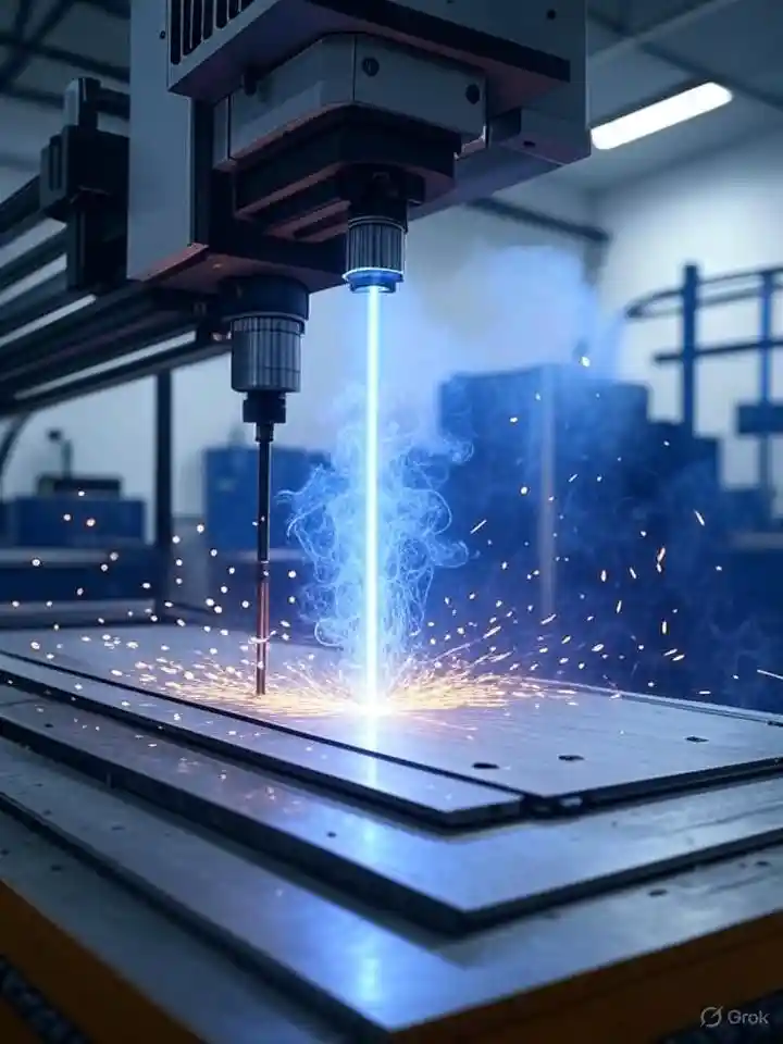 A laser cutting machine cutting through a sheet of metal