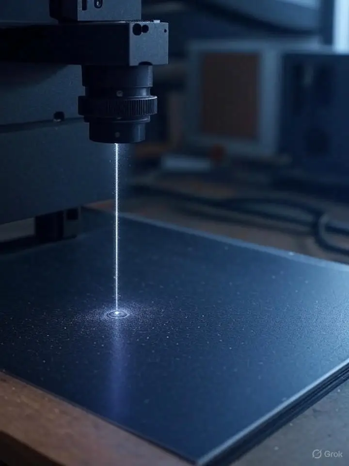 Laser cutting machine focus lens close-up showing precision optics.