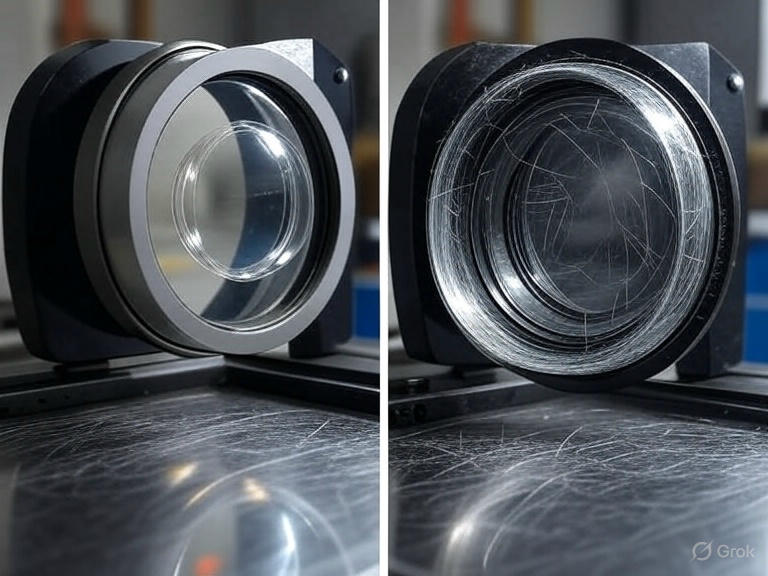 Side-by-side visual comparison showing a clean focus lens and a scratched protective lens.