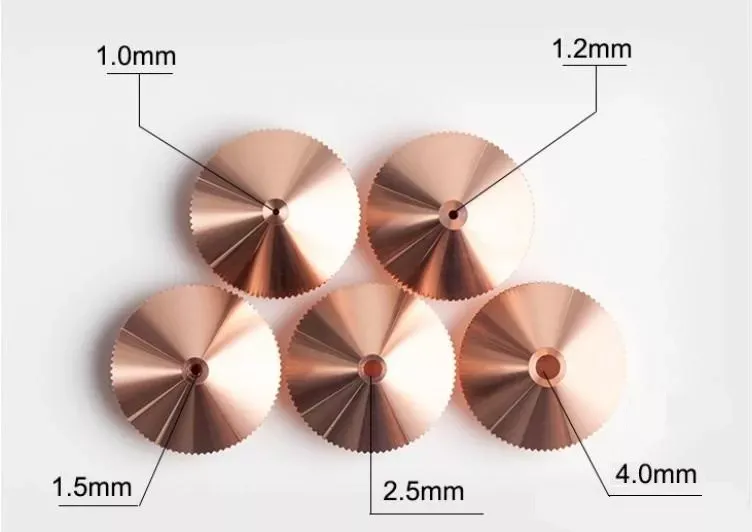 Five copper laser cutting nozzles of varying aperture sizes labeled 1.0mm, 1.2mm, 1.5mm, 2.5mm, and 4.0mm arranged on a white background
