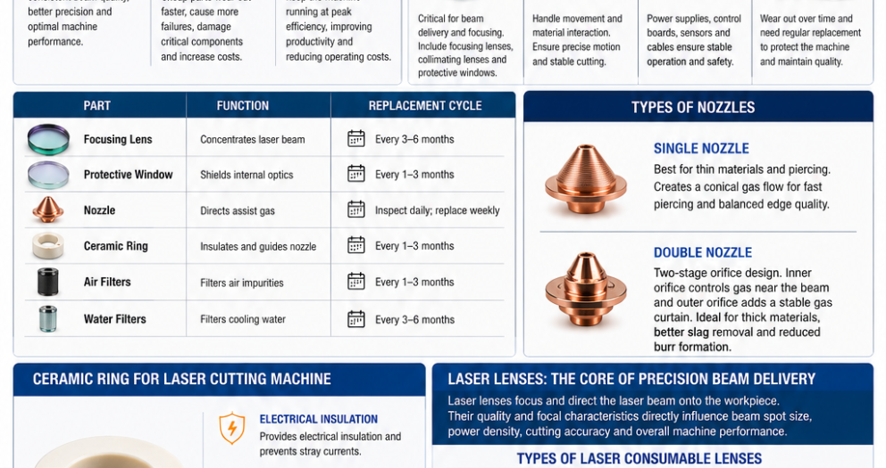 **Alt Text (150 characters):** Infographic on laser cutting spare parts, lenses, nozzles, and ceramic rings, highlighting functions, maintenance, wear signs, and benefits.