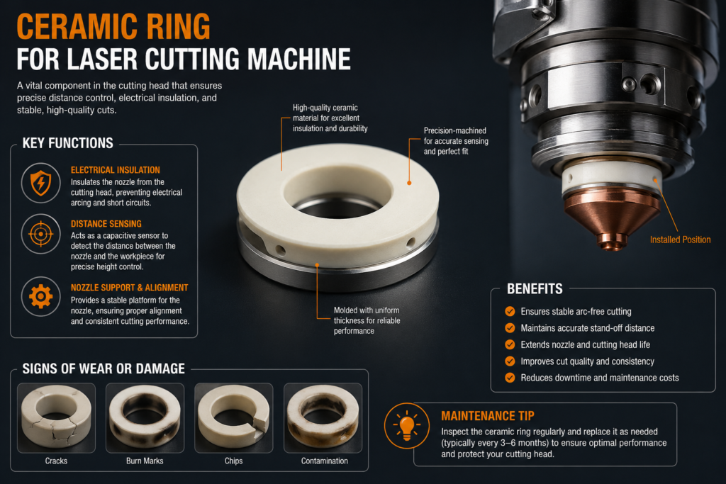 **Alt Text (≤150 characters):** Ceramic ring infographic for laser cutting machines showing functions, benefits, wear signs, and maintenance tips.