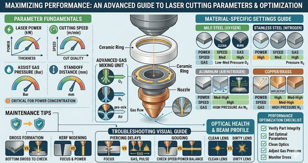 Infographic showing laser cutting machine spare parts, lenses, nozzles, ceramic rings, maintenance tips, and performance benefits.