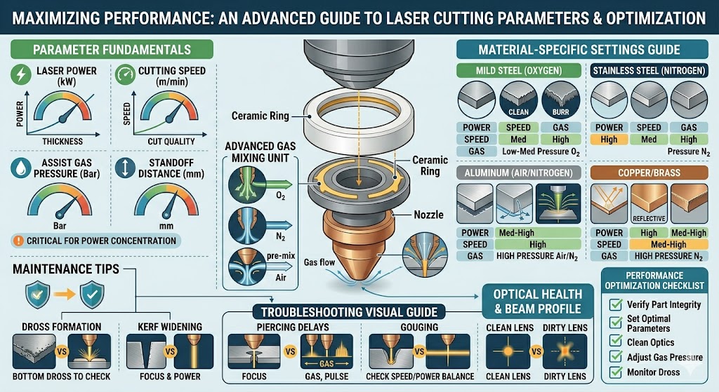 Infographic showing laser cutting machine spare parts, lenses, nozzles, ceramic rings, maintenance tips, and performance benefits.